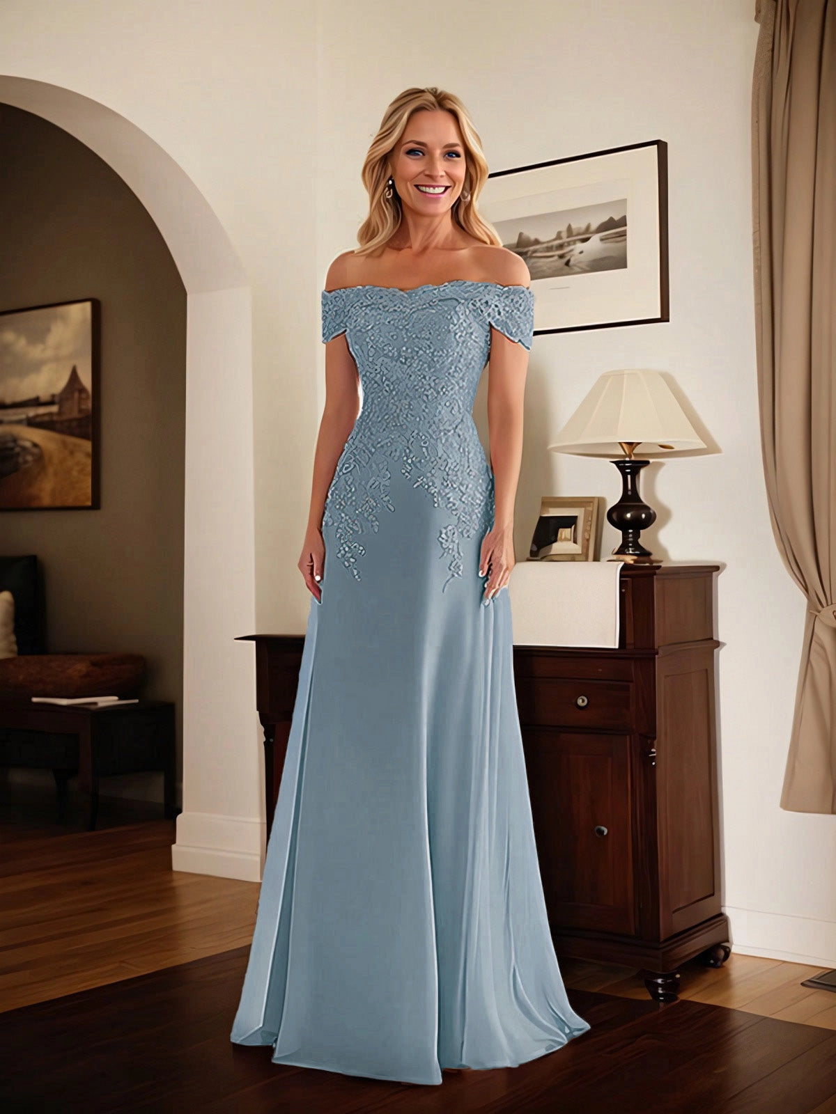 Dusty Gray Off The Shoulder Lace Applique Mermaid Long Mother Of The Bride Dress