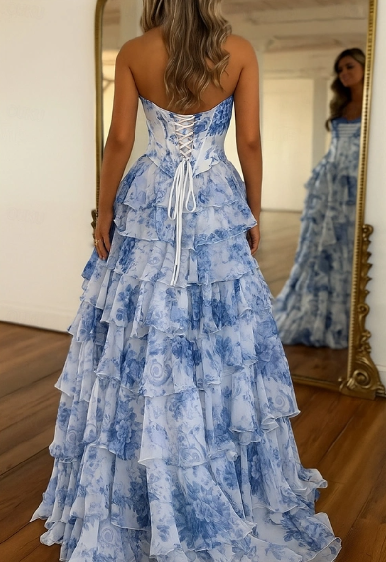 Vestidos de fiesta de corte en A hasta el suelo, elegantes, florales, de princesa, sin mangas, sin tirantes, de noche, de gasa con estampado floral