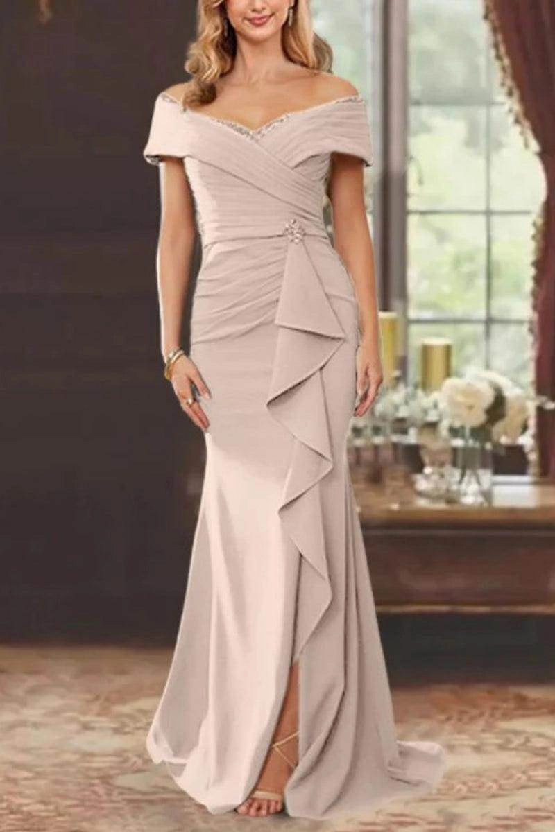 Chic Mermaid Off Shoulder Zip Back Slit Floor Length Mother Of The Bride Dress