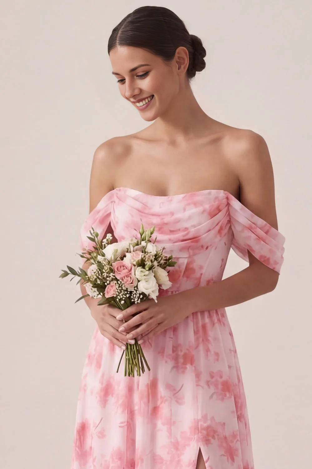 Pink Floral Off-the-Shoulder Corset Chiffon Maxi Dress with Slit & Ruffle Hem