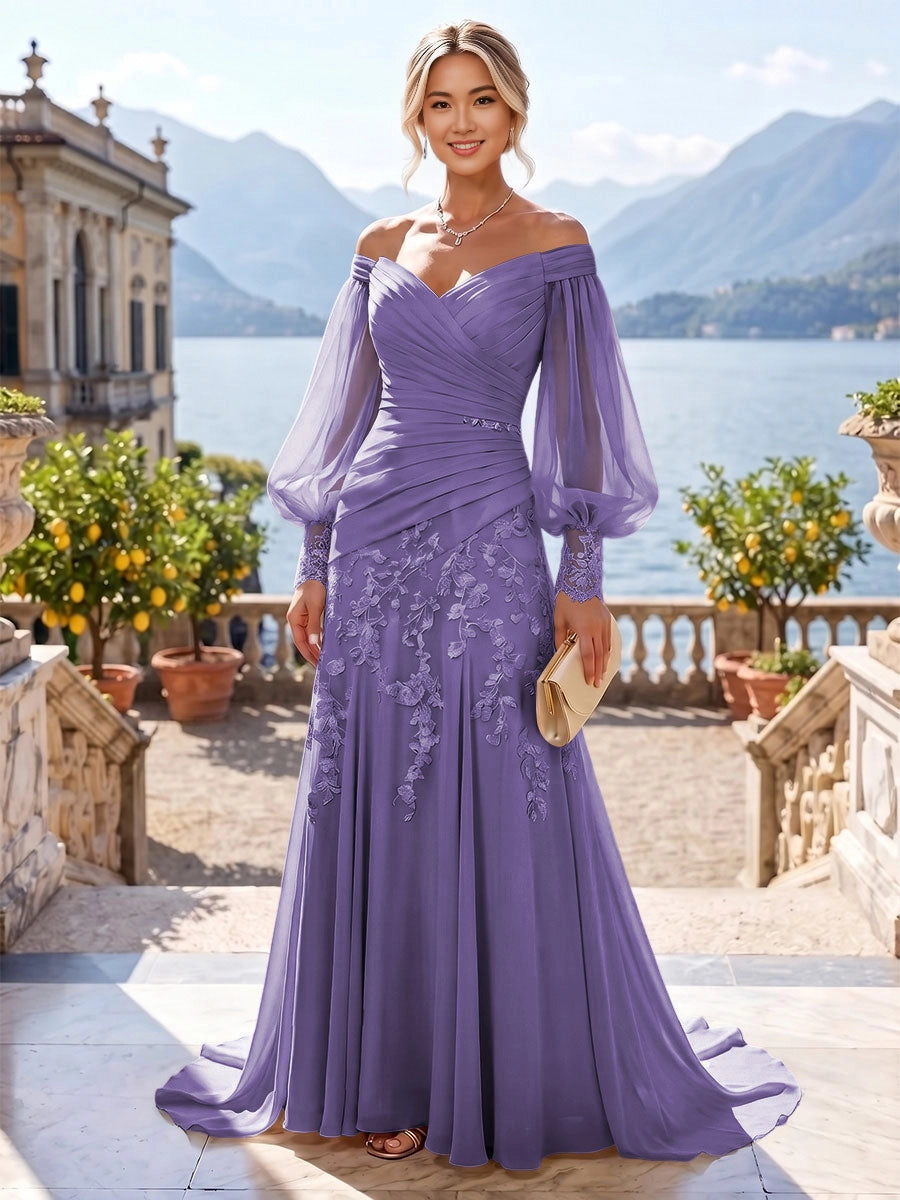 Romantic Mermaid Off-Shoulder Puff-Sleeve Zip-Back Sweep-Train Plus Size Mother of the Bride Dress