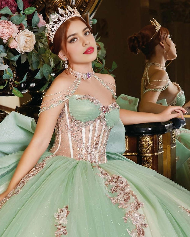 Ball Gown Beaded Strap Corset Back Big Bow Quinceañera Dress