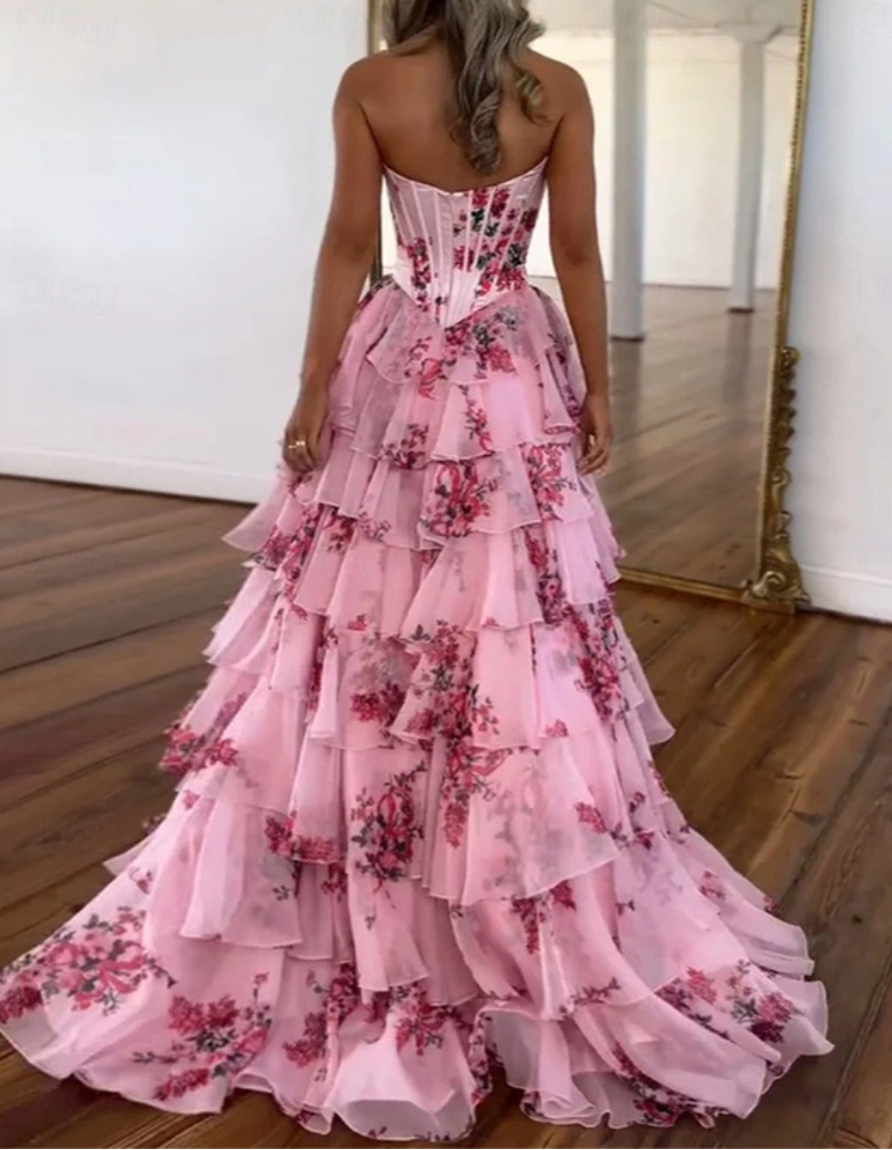 Vestidos de fiesta de corte en A hasta el suelo, elegantes, florales, de princesa, sin mangas, sin tirantes, de noche, de gasa con estampado floral