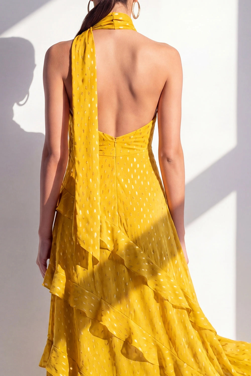 Flowy A Line Halter Open Back Sleeveless Zip Up Maxi Wedding Guest Dress