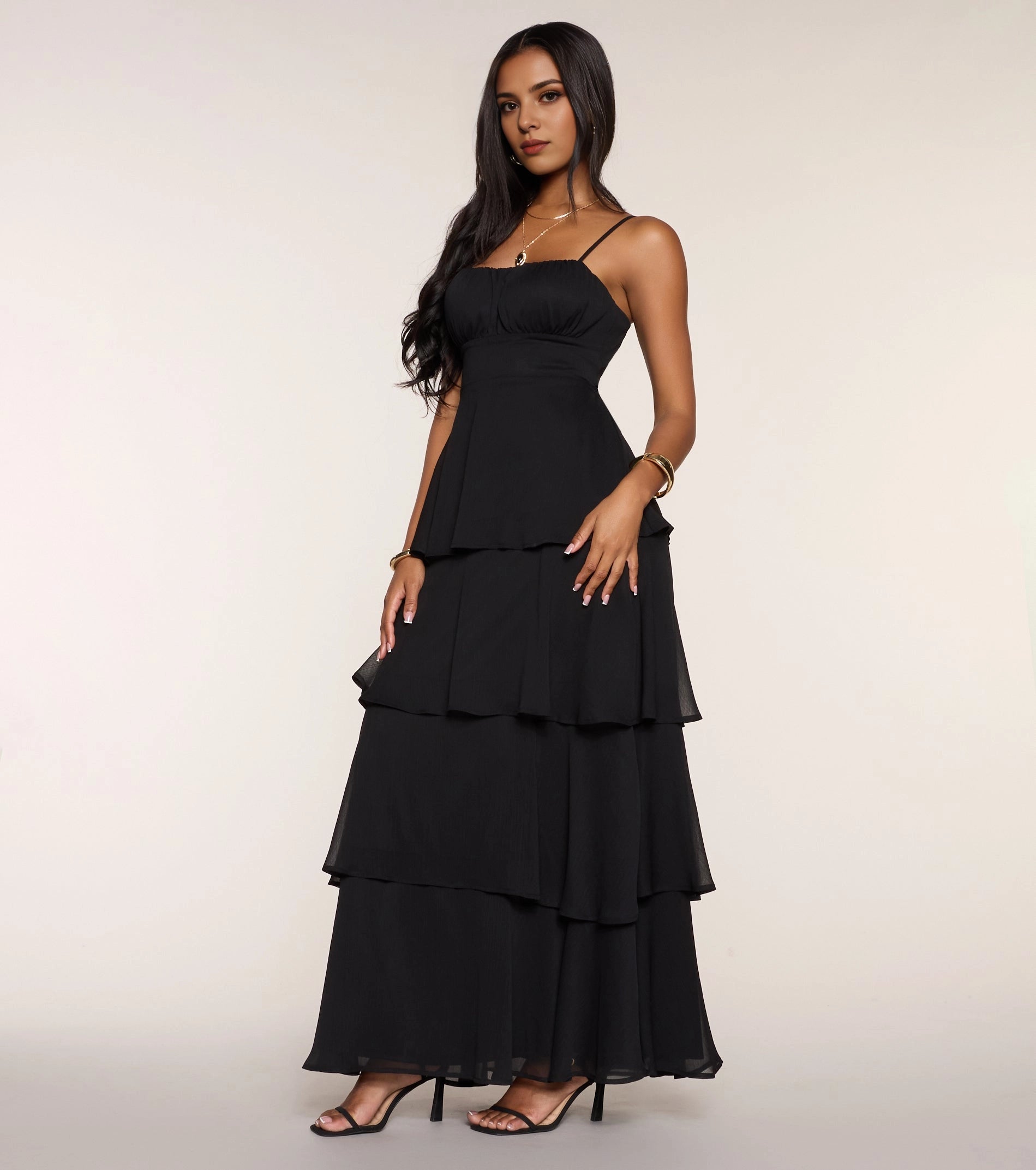 Black A-Line Square Spaghetti Strap Tie Back Long Prom Dress