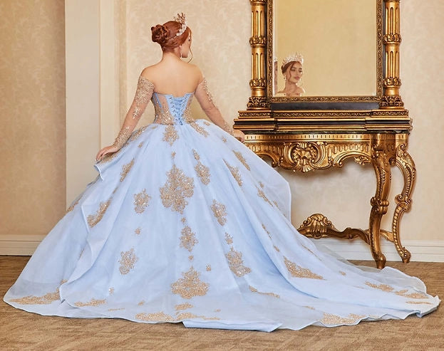 Ball Gown Sweetheart Long Sleeve Corset Bow Train Quinceañera Dress