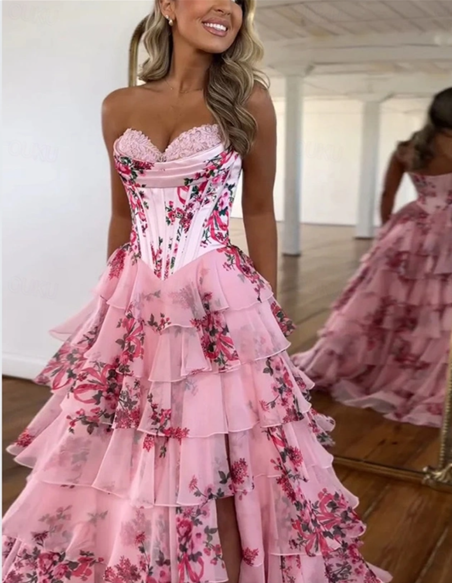 Vestidos de fiesta de corte en A hasta el suelo, elegantes, florales, de princesa, sin mangas, sin tirantes, de noche, de gasa con estampado floral