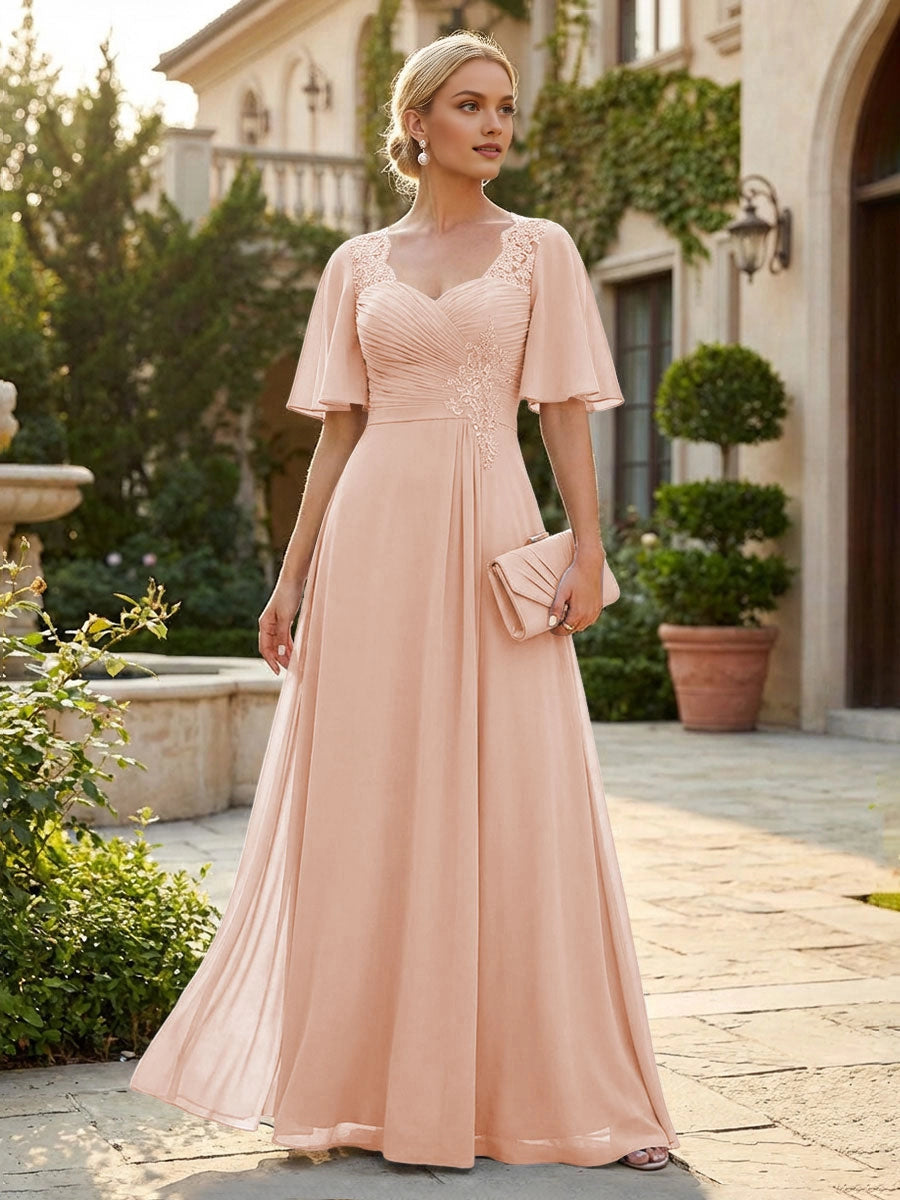 Graceful Dusty Blue A-Line Sweetheart Flutter-Sleeve Sweetheart-Back Floor-Length Mother Of The Bride Dress