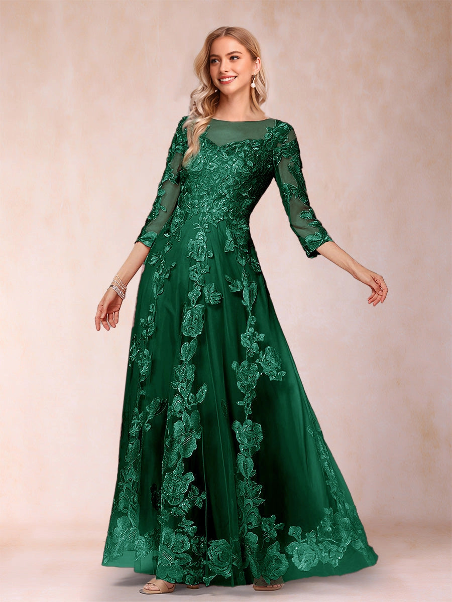 Romantic A‑Line Illusion Round‑Neck 3/4‑Sleeve Keyhole‑Zip‑Back Floor‑Length Mother Of The Bride Dress