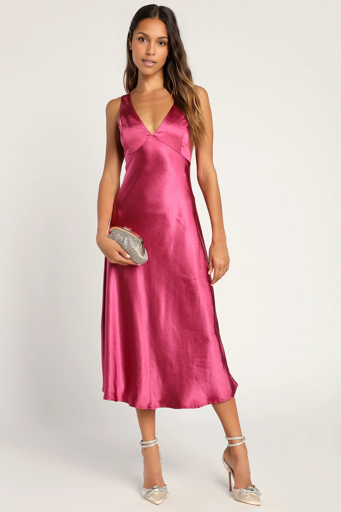 Silky Satin A Line Deep V Spaghetti Strap Cowl Back Midi Homecoming Dress