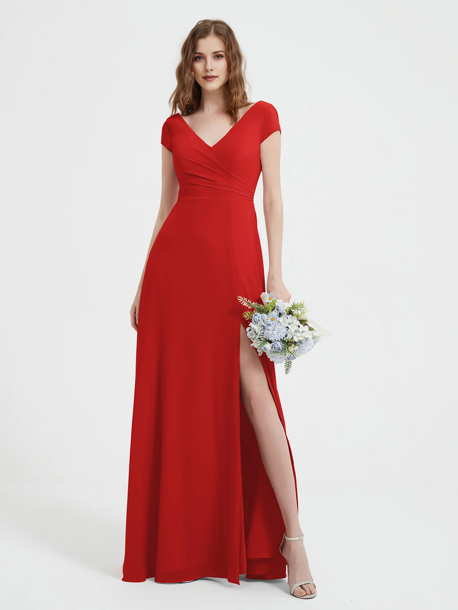 Cap Sleeve V-Neck Wrap Waist High Slit Chiffon Floor-Length Bridesmaid Evening Maxi Dress