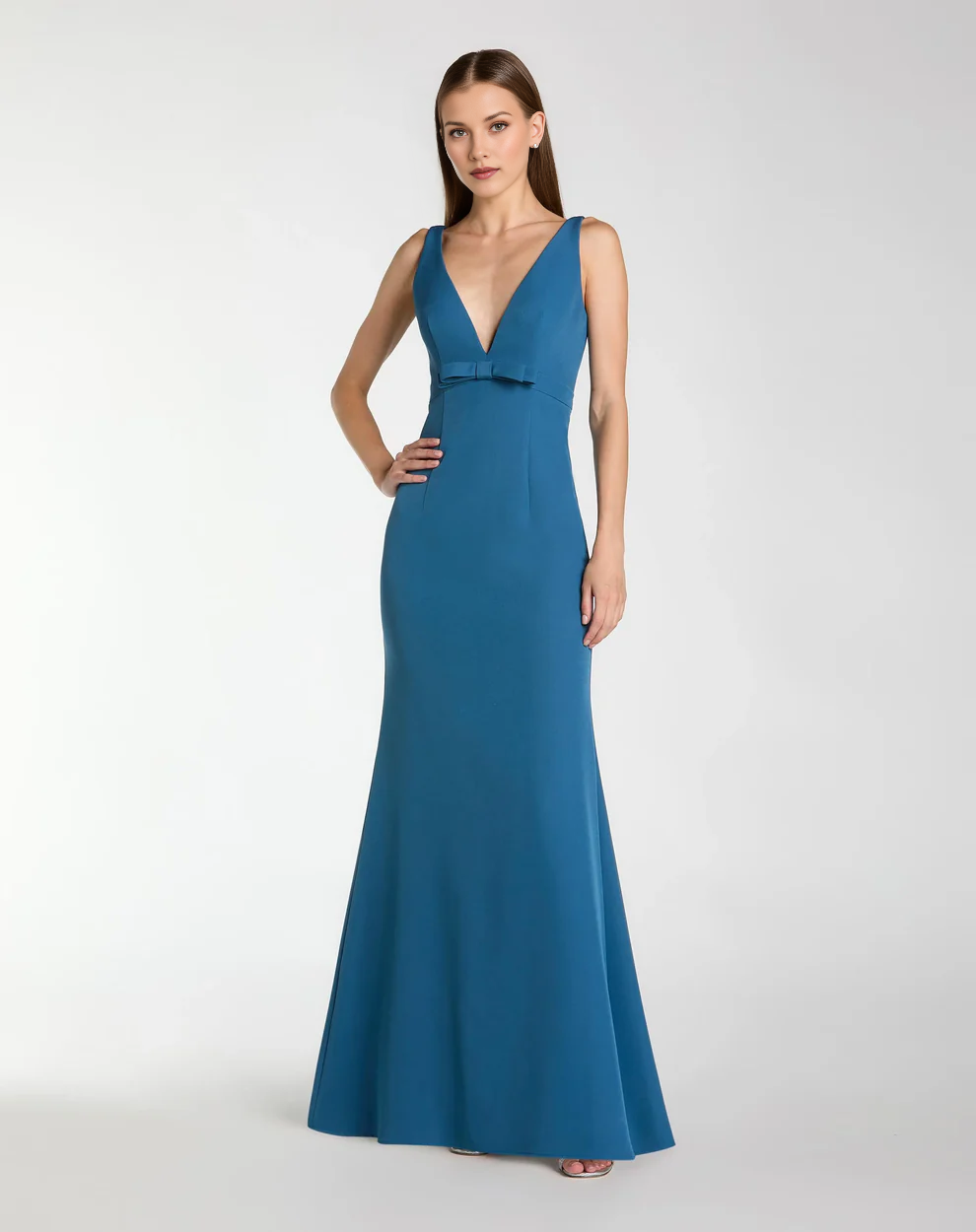 Sleeveless Deep V-Neck Mermaid Gown with Waist Bow Detail