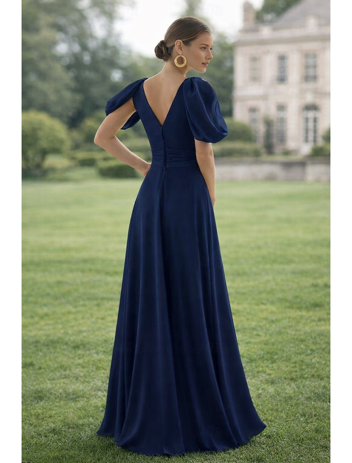 V-Neck Puff Sleeve Chiffon A-Line Floor-Length Formal Gown with Rhinestone Waist Accent