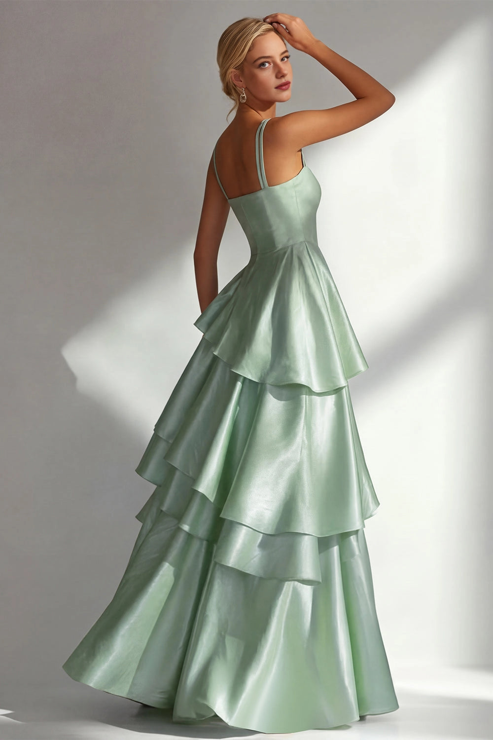 Shiny A Line Square Neck Straps Open Back Tiered Maxi Wedding Guest Dress