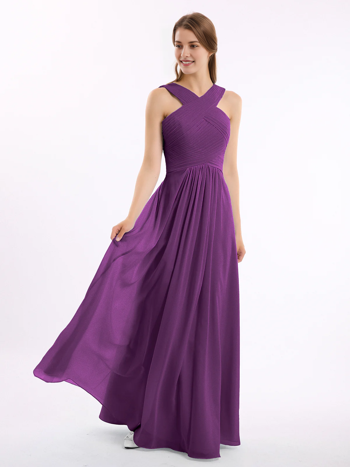 Crisscross Neck Pleated Bodice Flowy Chiffon A-Line Floor-Length Bridesmaid Evening Maxi Dress
