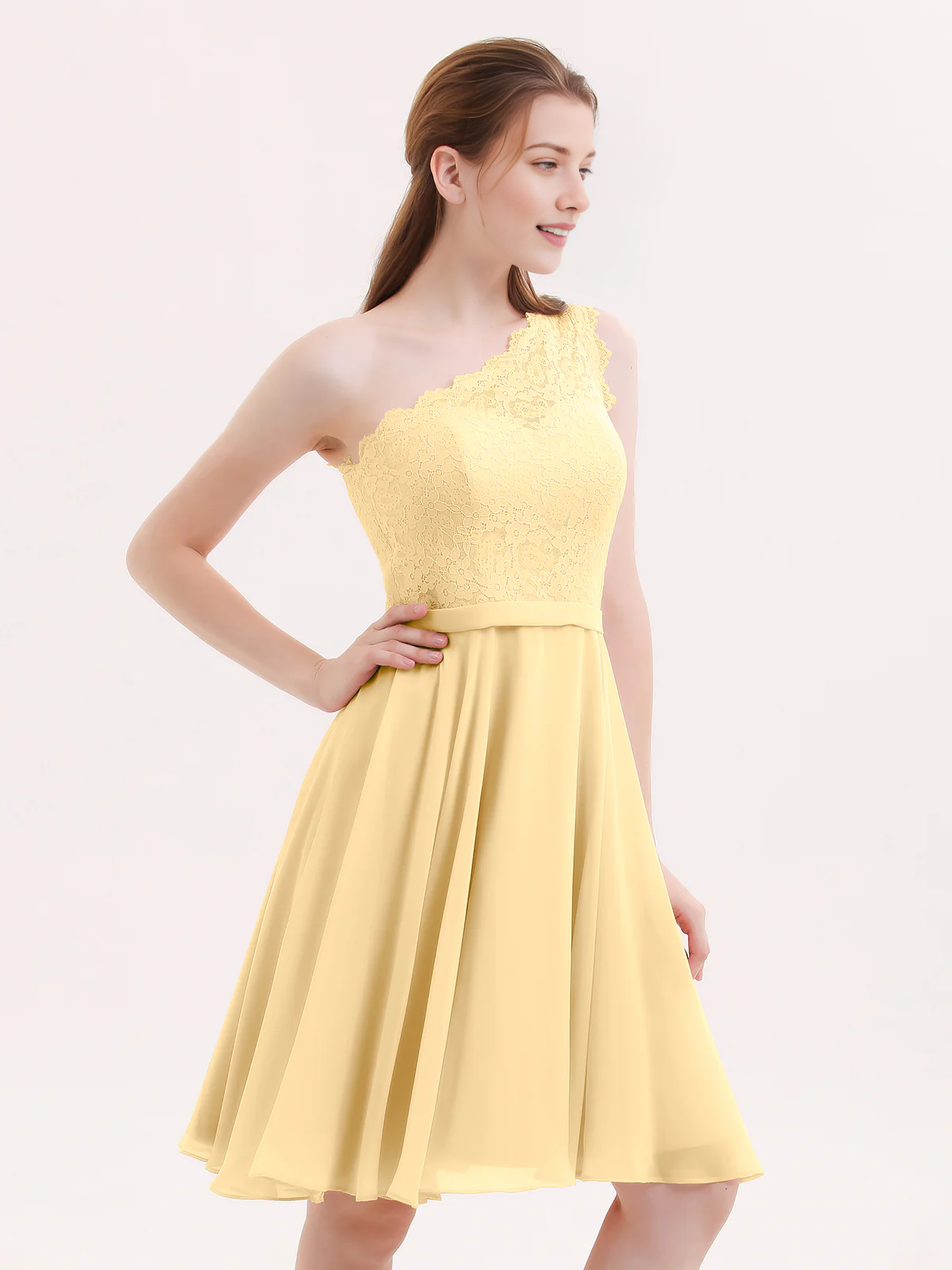 One Shoulder Lace Top A-Line Knee-Length Chiffon Bridesmaid Homecoming Short Dress