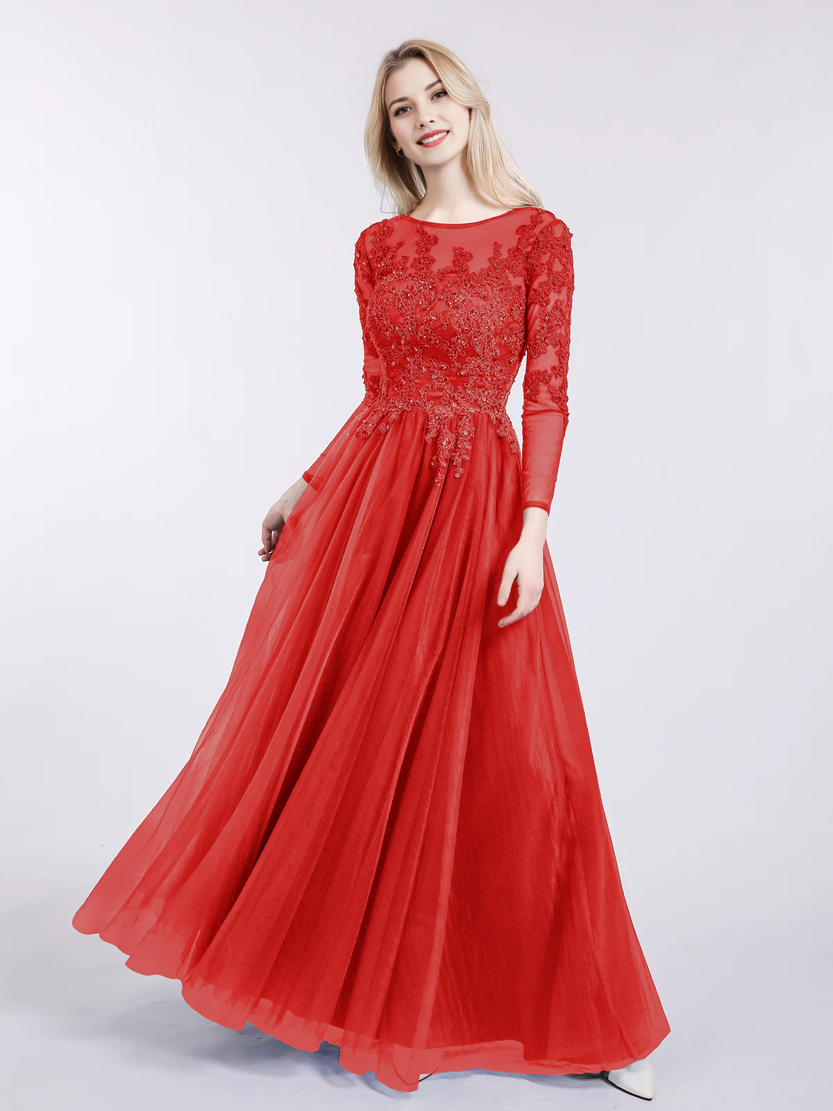 Round Neck Long Sleeve Lace Appliqué Tulle A-Line Floor-Length Bridesmaid Evening Dress