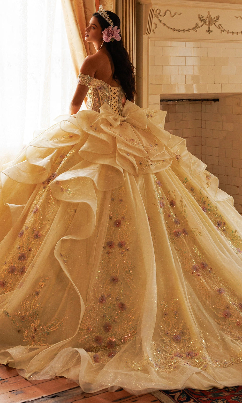 Ball Gown Off‑Shoulder Sweetheart Corset Back Big Bow Long Train Quinceanera Dress