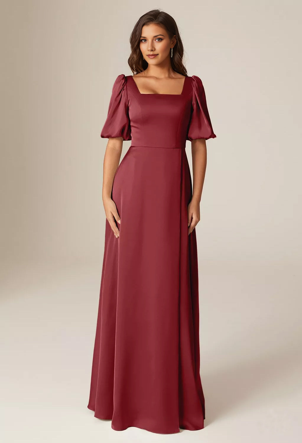 Square Neck Puff Sleeve Satin A-Line Bridesmaid Maxi Dress with Side Slit