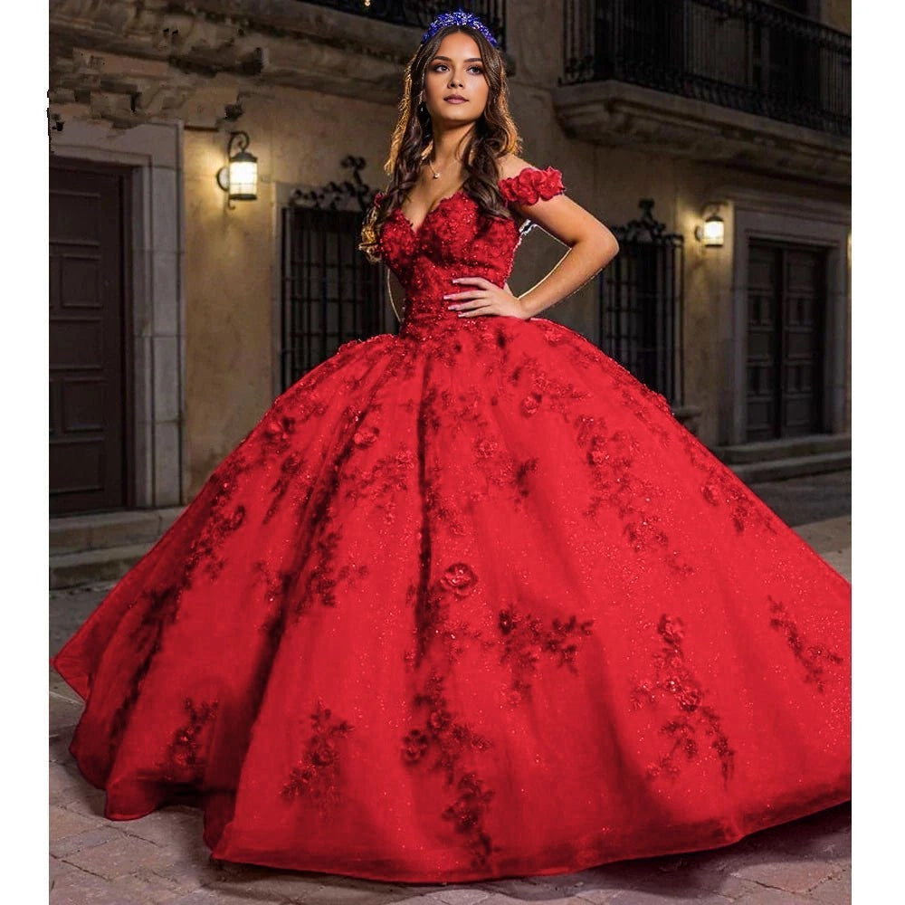 Ballgown Off-shoulder V-neck Short Sleeve Lace-up Back Floor Length Quinceañera Dress