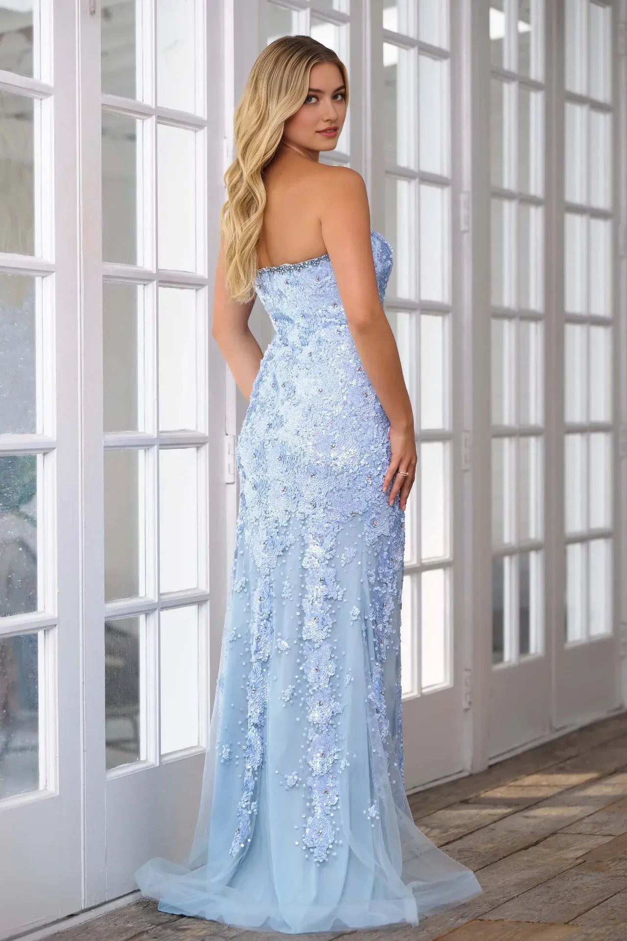 Elegant Sheath Strapless Sequin Lace Rhinestone Trim High Slit Floor Length Prom Dress