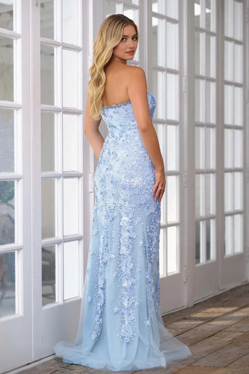 Elegant Sheath Strapless Sequin Lace Rhinestone Trim High Slit Floor Length Prom Dress