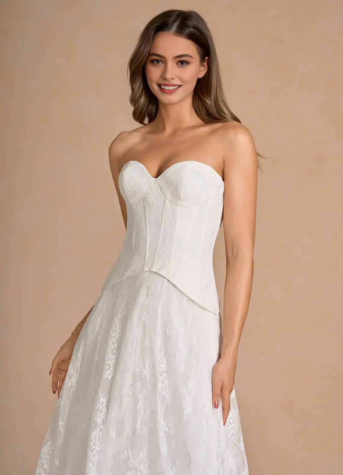Romantic Column Sweetheart Strapless Lace Evening Dress Floor Length Corset Back Bridal Gown
