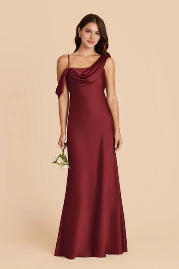 Burgundy Satin Bridesmaid Dress | Asymmetrical Off-the-Shoulder Cowl Neck Maxi Dress for Wedding Guest, Formal Party