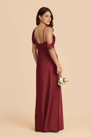 Burgundy Satin Bridesmaid Dress | Asymmetrical Off-the-Shoulder Cowl Neck Maxi Dress for Wedding Guest, Formal Party