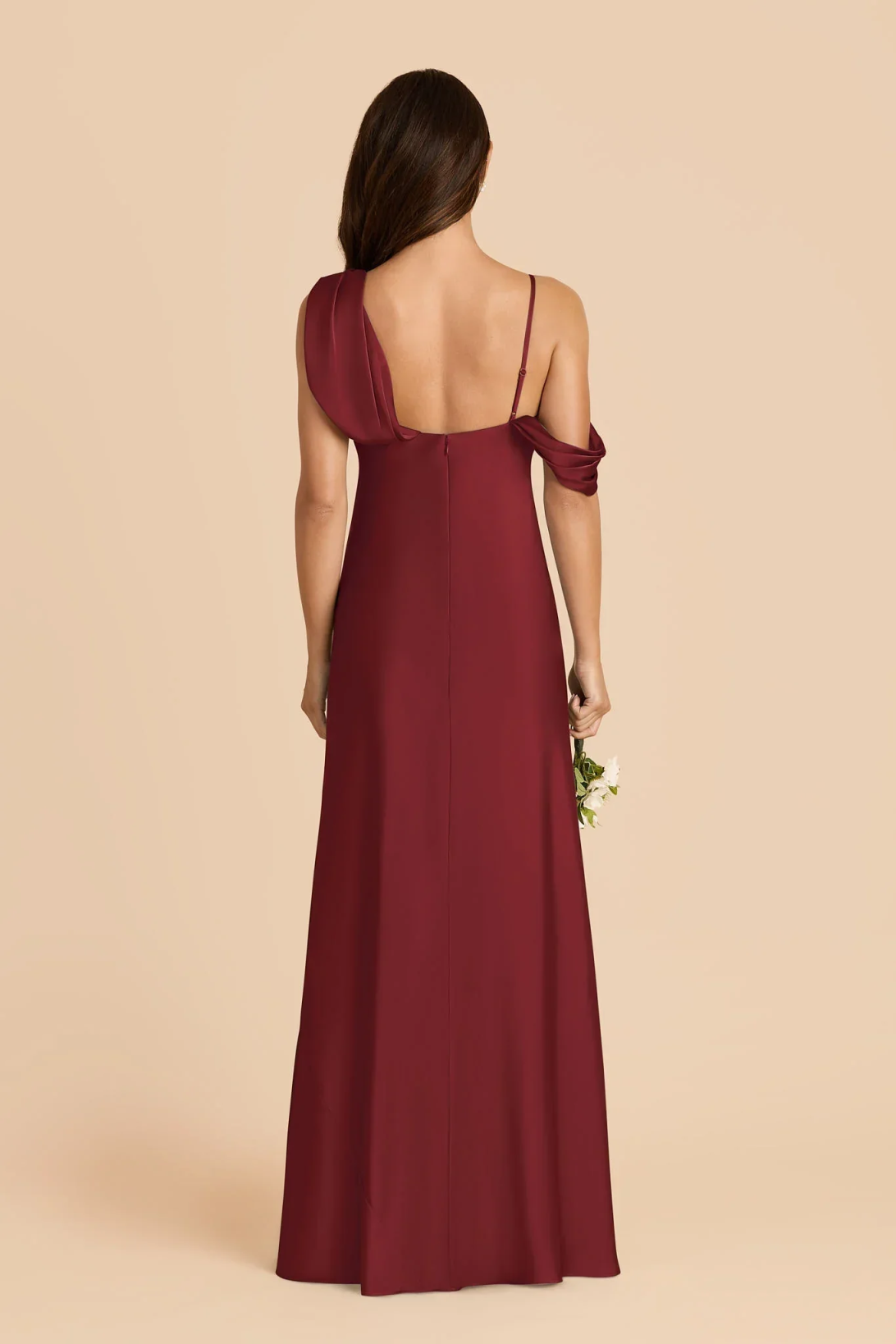 Burgundy Satin Bridesmaid Dress | Asymmetrical Off-the-Shoulder Cowl Neck Maxi Dress for Wedding Guest, Formal Party
