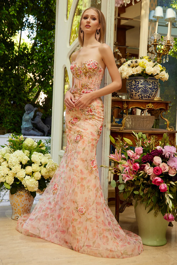 Vestido de Sirena sin Tirantes con Escote Corazón y Adornos Florales - Vestido de Fiesta y Gala Rosa Pastel