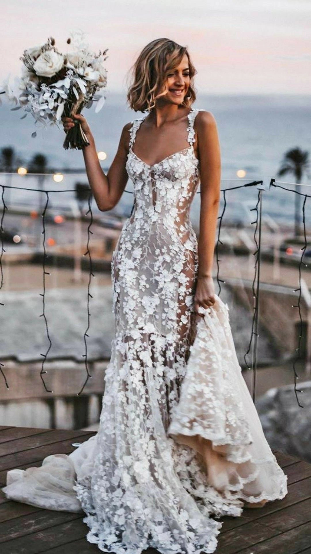 Vedress chic sheer 3D floral lace mermaid wedding dress off shoulder lace strap low back for french manor bride