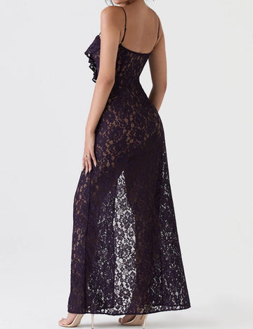 Back view of dark purple lace prom dress with spaghetti straps and fitted maxi silhouette by Vedress