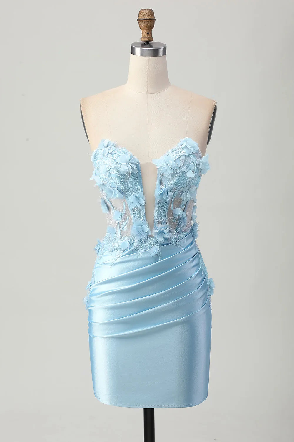 Romantic Strapless Floral Applique Illusion Corset Ruched Mini Homecoming Dress
