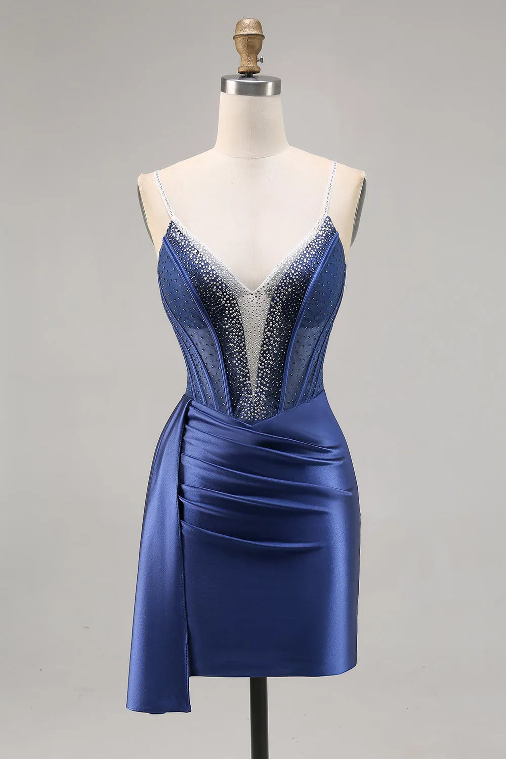 Crystal Embellished Corset Mini Party Homecoming Dress with Dramatic Side Drape