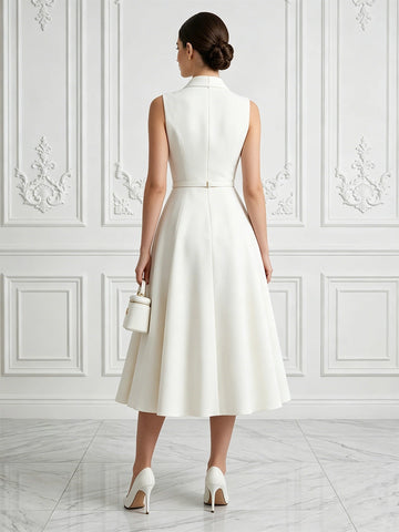 Model wearing vedress white lapel v neck a line midi dress invisible zip back elegant formal outfit