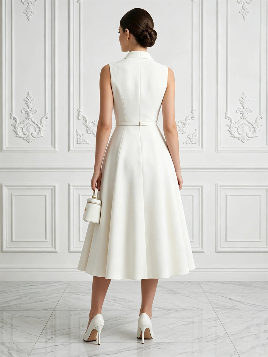 Model wearing vedress white lapel v neck a line midi dress invisible zip back elegant formal outfit