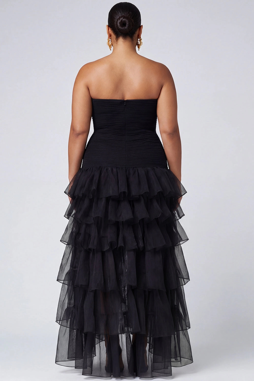 Vedress Black Strapless Smocked Tiered High Slit High Low Mesh Long Prom Dress