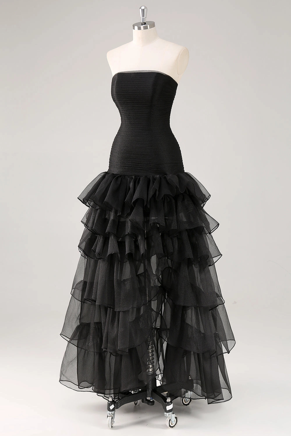 Vedress Black Strapless Smocked Tiered High Slit High Low Mesh Long Prom Dress