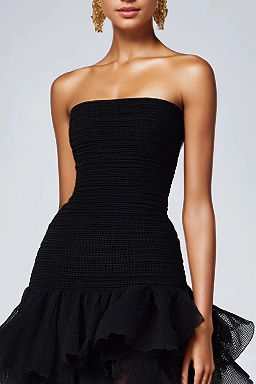 Vedress Black Strapless Smocked Tiered High Slit High Low Mesh Long Prom Dress
