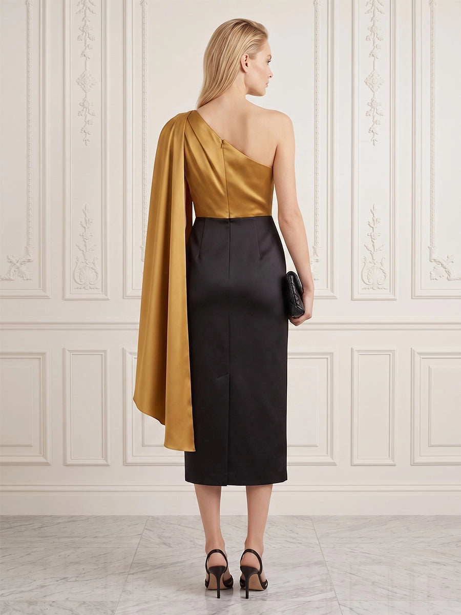 Model wearing vedress gold black one shoulder cape satin midi dress invisible zip back color block rear view