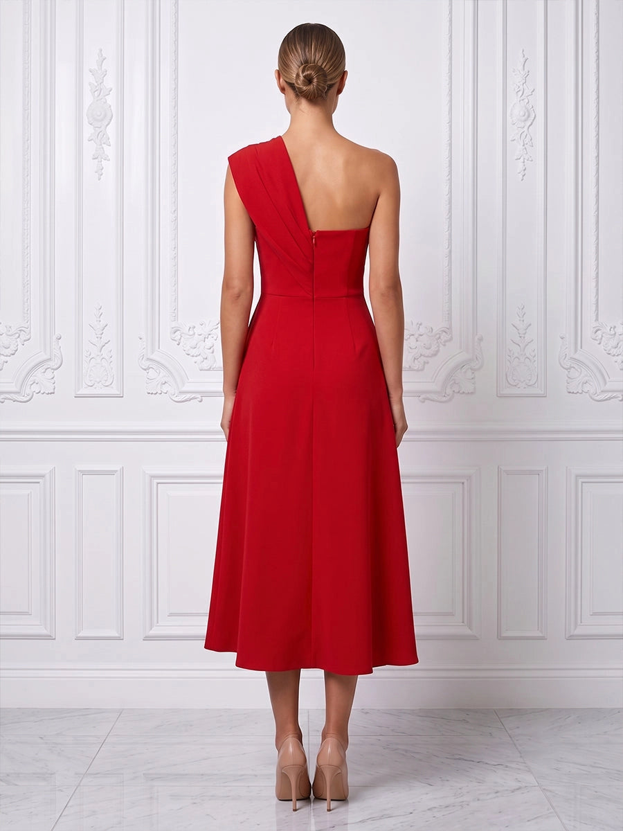 Model wearing vedress red one shoulder a line midi wedding guest dress open back invisible zip outfit