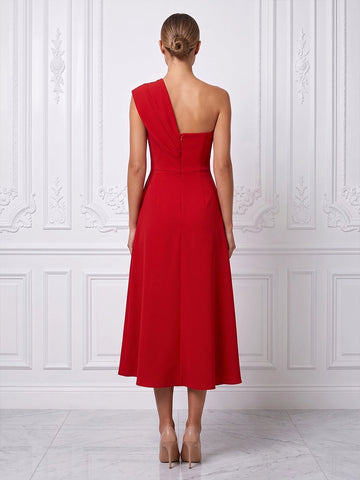 Model wearing vedress red one shoulder a line midi wedding guest dress open back invisible zip outfit