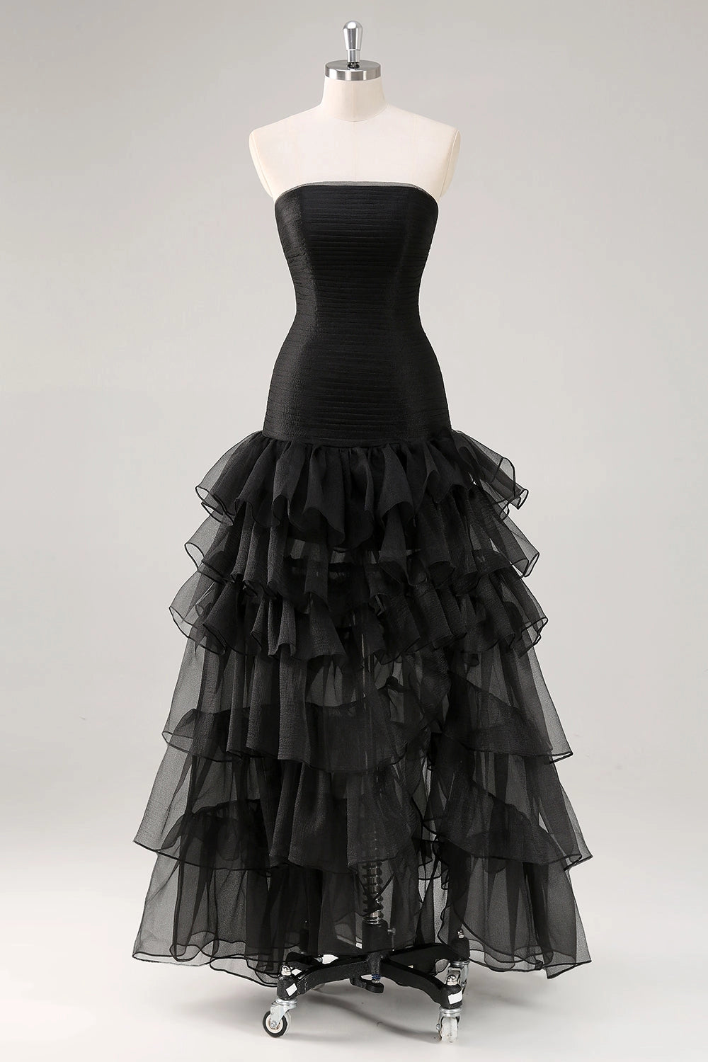 Vedress Black Strapless Smocked Tiered High Slit High Low Mesh Long Prom Dress