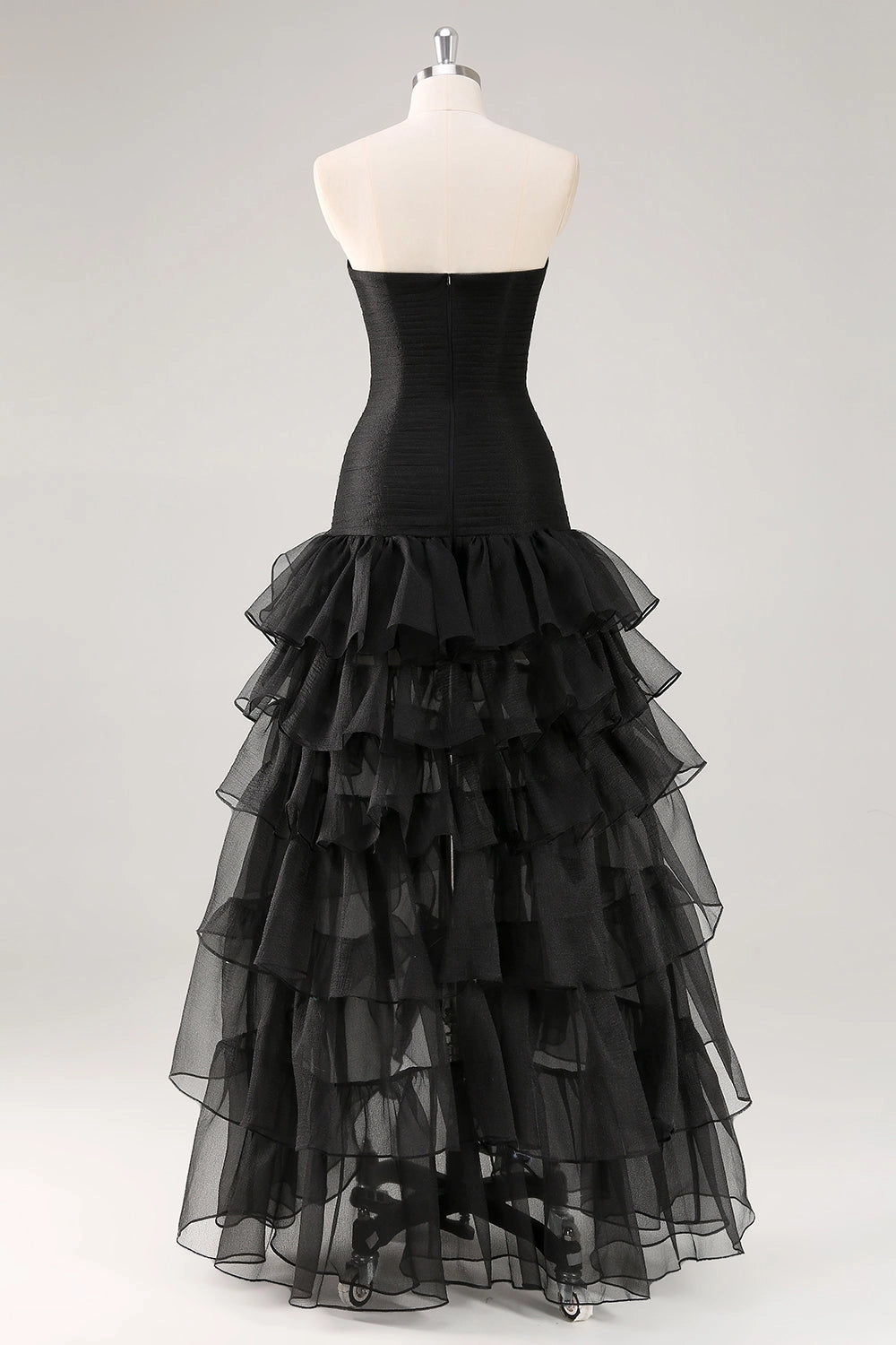 Vedress Black Strapless Smocked Tiered High Slit High Low Mesh Long Prom Dress