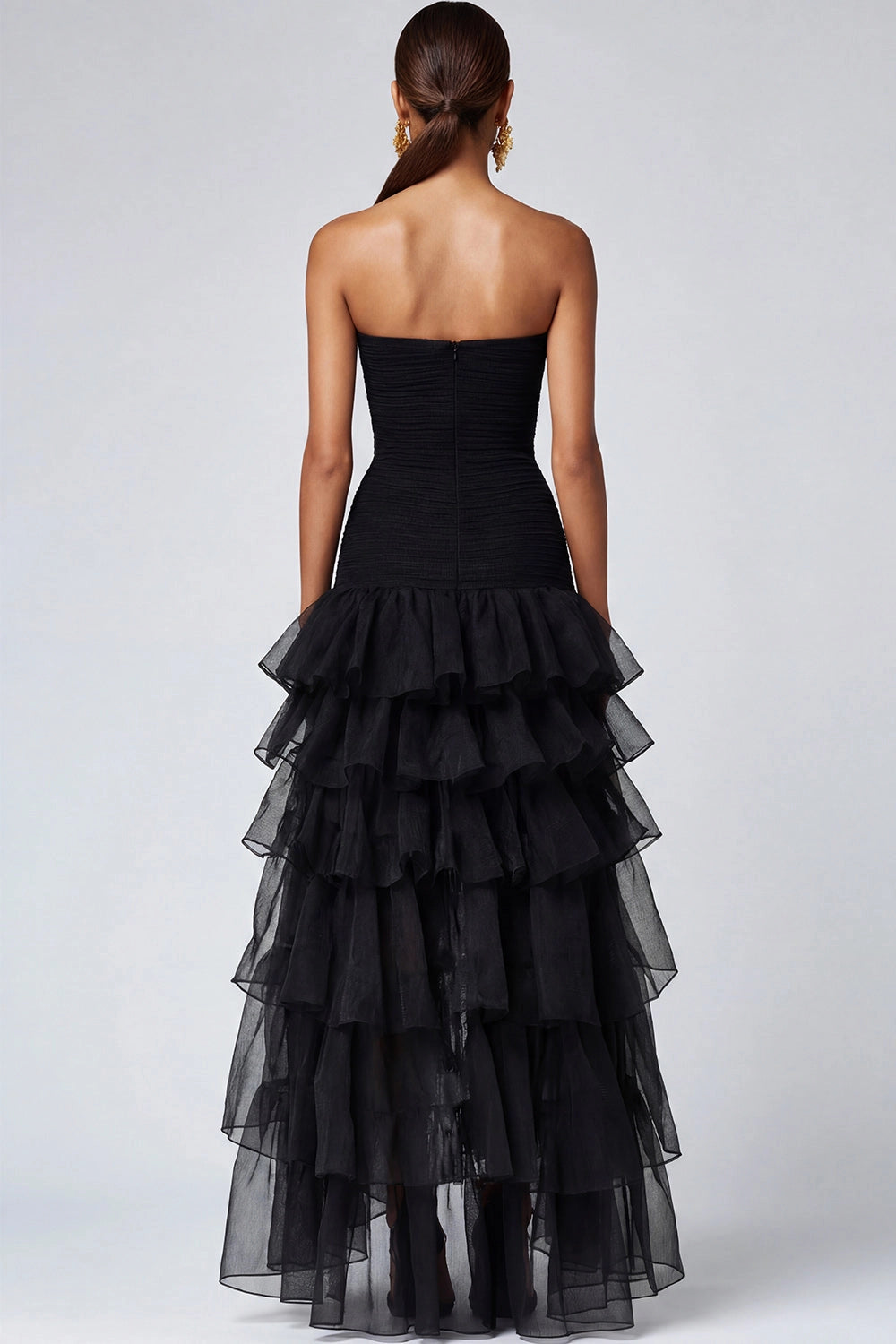 Back view Vedress black tiered ruffle high low prom dress strapless mesh formal gown