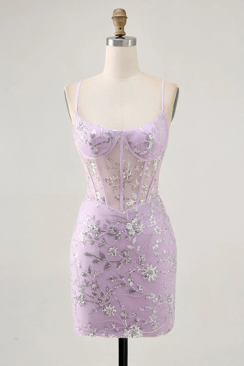 Corset Bodice Sequin Mini Dress Sheer Boning Homecoming Cocktail Party Gown