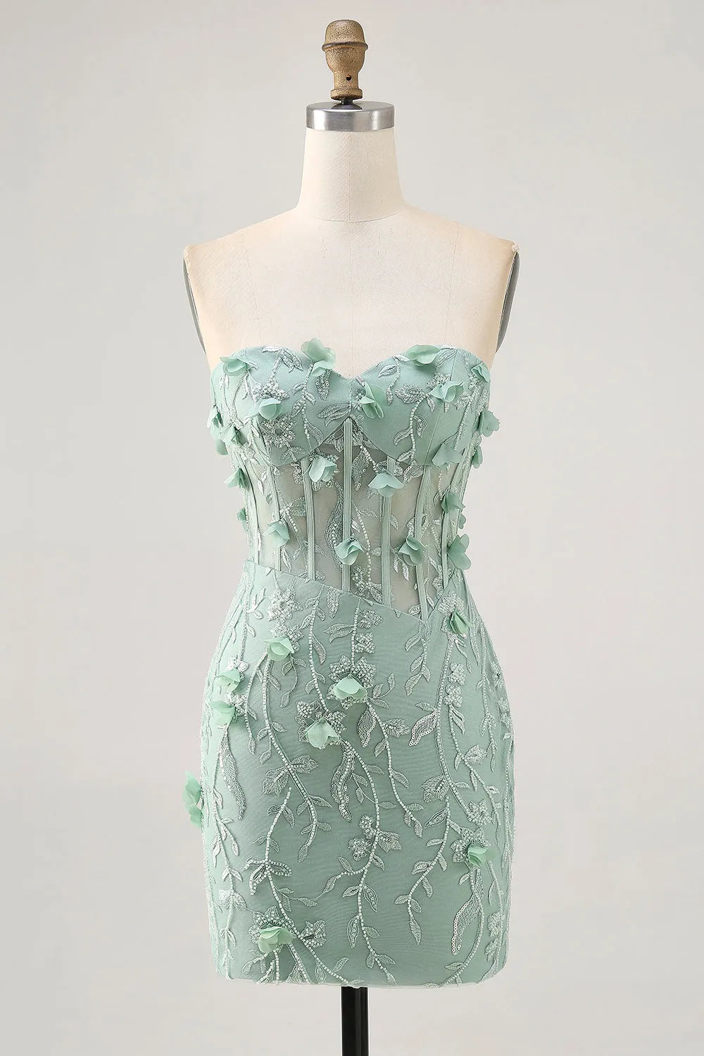 Refined Strapless Sweetheart Floral Embroidered Illusion Corset Mini Homecoming Dress