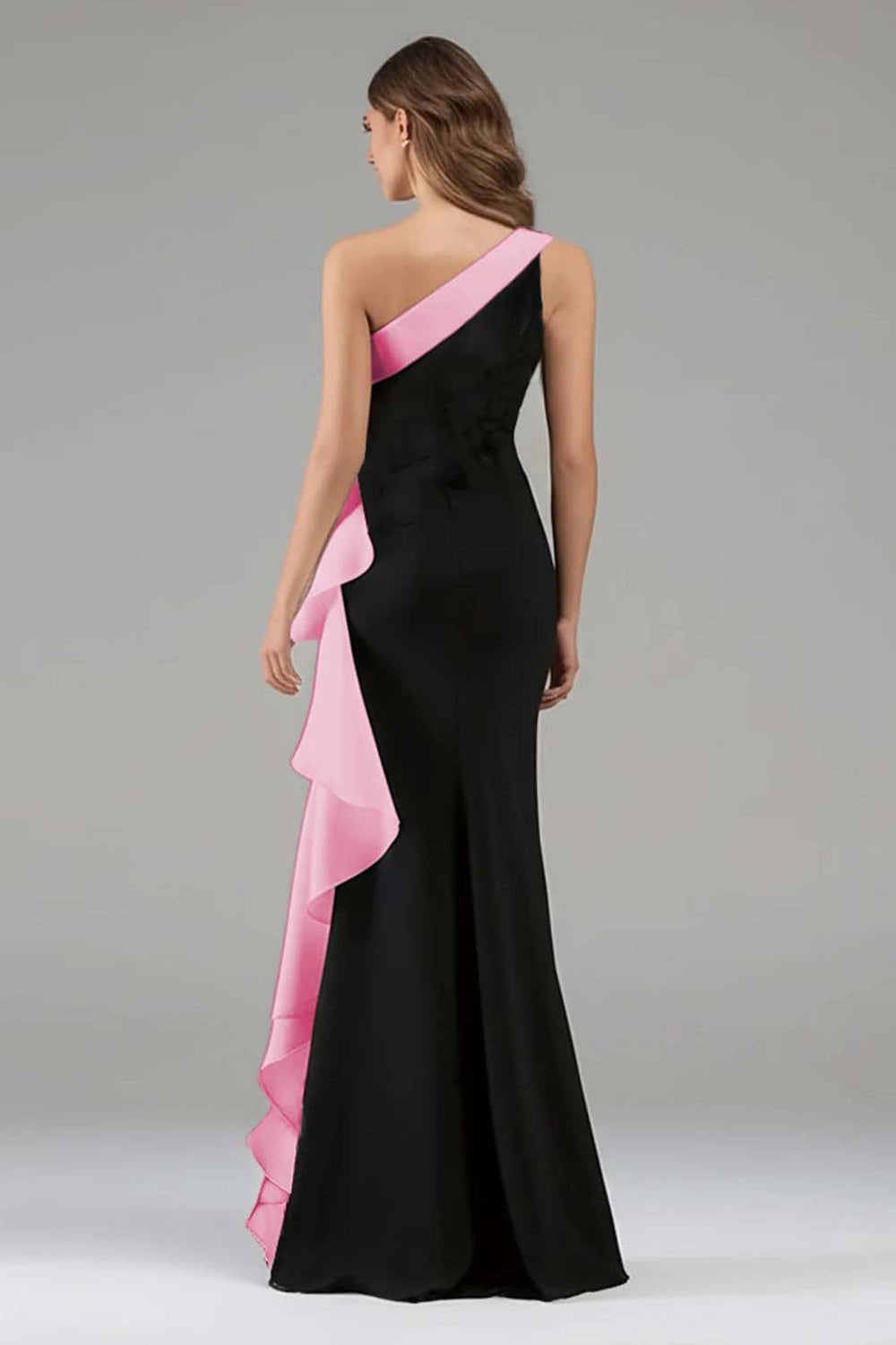 Black White Mermaid One Shoulder Closed Back Long Prom Dress