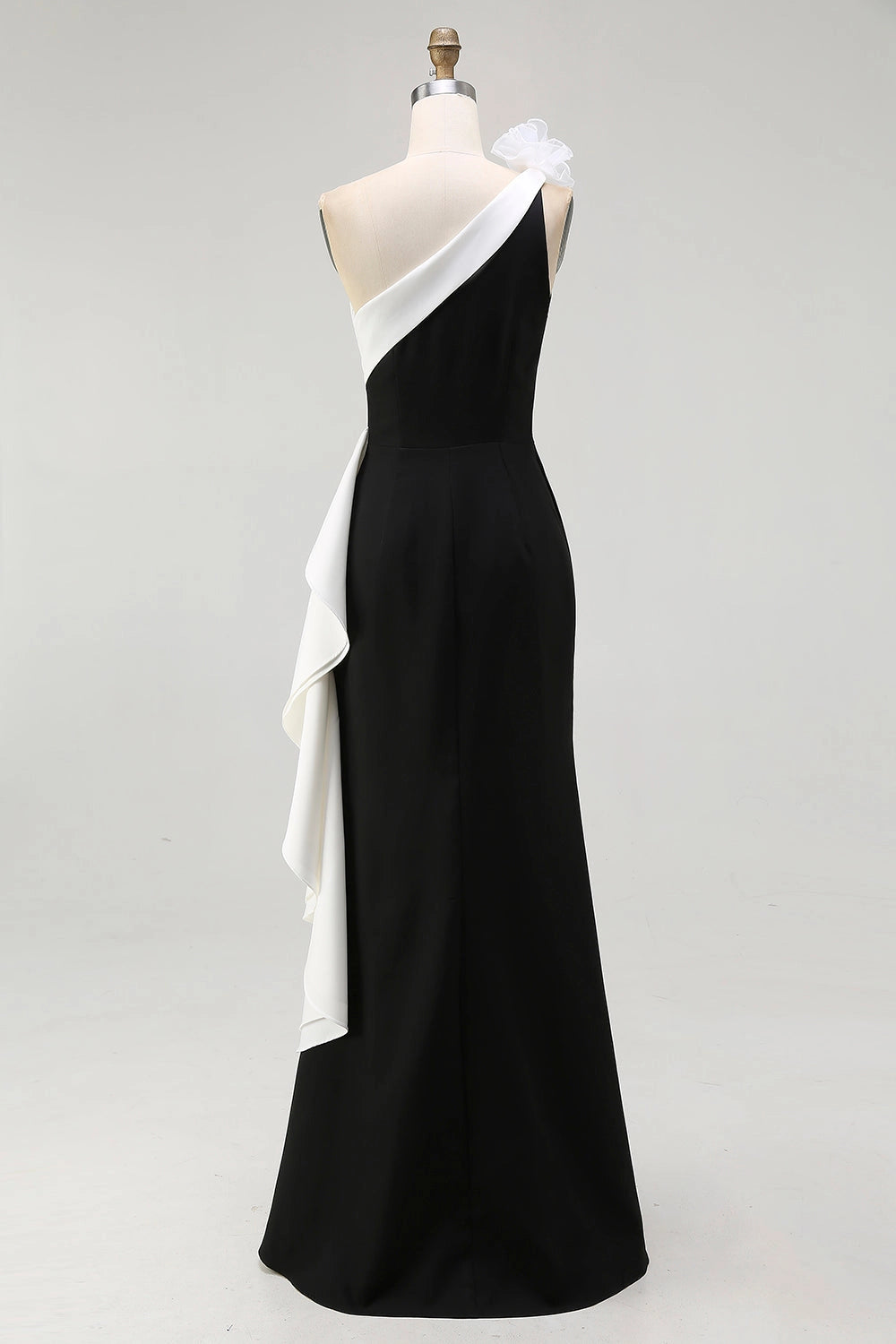 Black White Mermaid One Shoulder Closed Back Long Prom Dress
